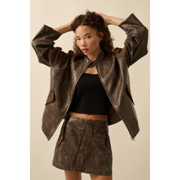 Promesa Size Small Espresso Faux Leather and Suede Barrel-Sleeve Jacket - Picture 7 of 11